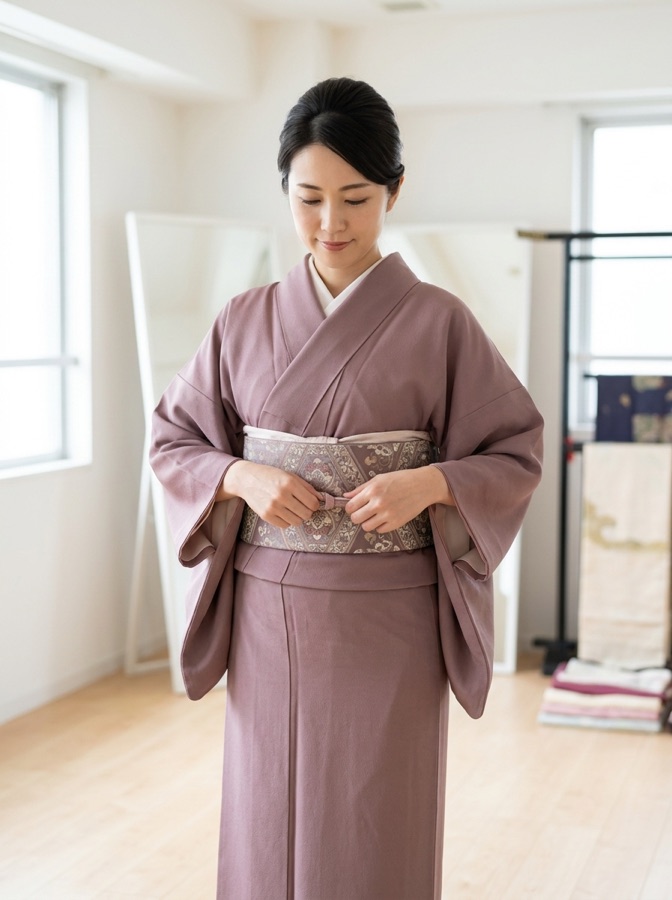 着物を自分で着付ける女性